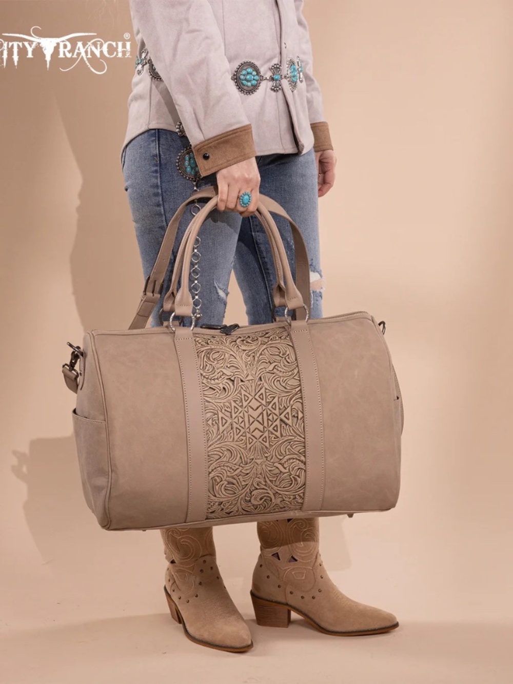 Trinity Ranch Floral Aztec Tooled Collection Weekender Bag Tan - Picture 5 of 8